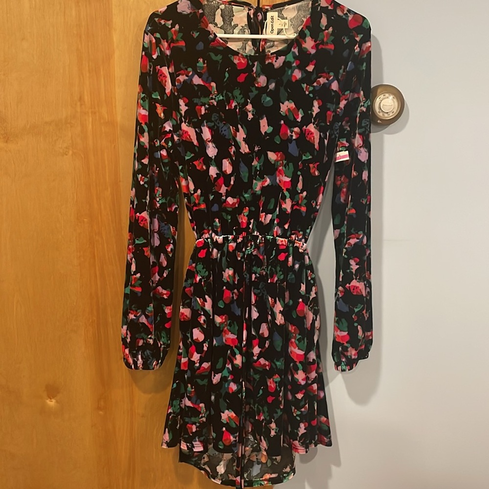 NWOT Open Edit Floral Print Open Back Velour Long Sleeve Minidress